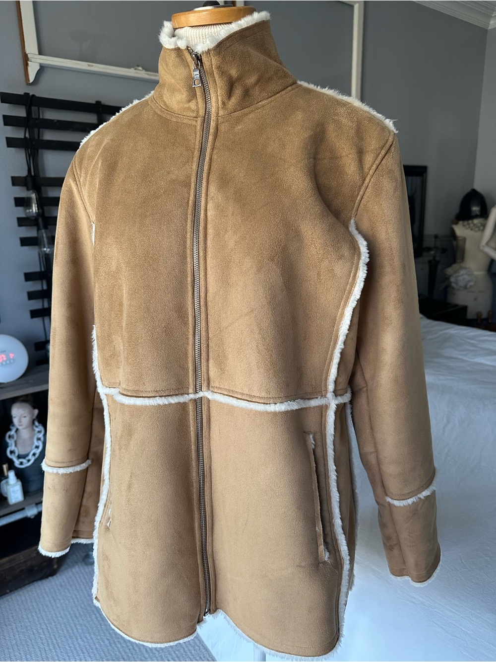 Route 66 Tan Teddy Shearling Zip Jacket, size large - Picture 4 of 13